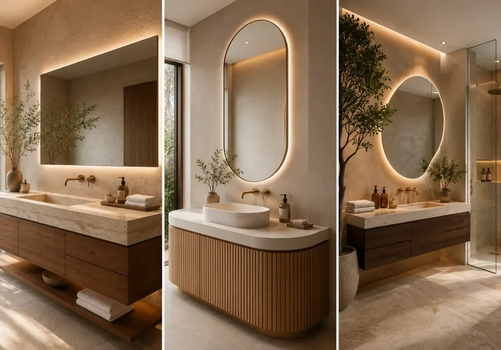 Three panel collage featuring modern vanity ideas, including a floating walnut vanity with travertine countertop and open towel shelf, a curved fluted wood vanity with vessel sink and pill shaped backlit mirror, and a spa inspired floating vanity with an organic mirror, indoor greenery, warm stone finishes, brass fixtures, and elegant neutral bathroom decor.