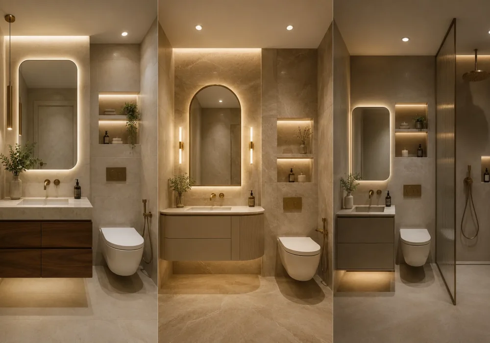 Three modern small bathroom decor ideas shown in a luxury interior grid, featuring floating vanities, warm stone walls, arched LED backlit mirrors, built in illuminated niches, wall mounted toilets, brass fixtures, ribbed glass shower details, and soft ambient lighting.