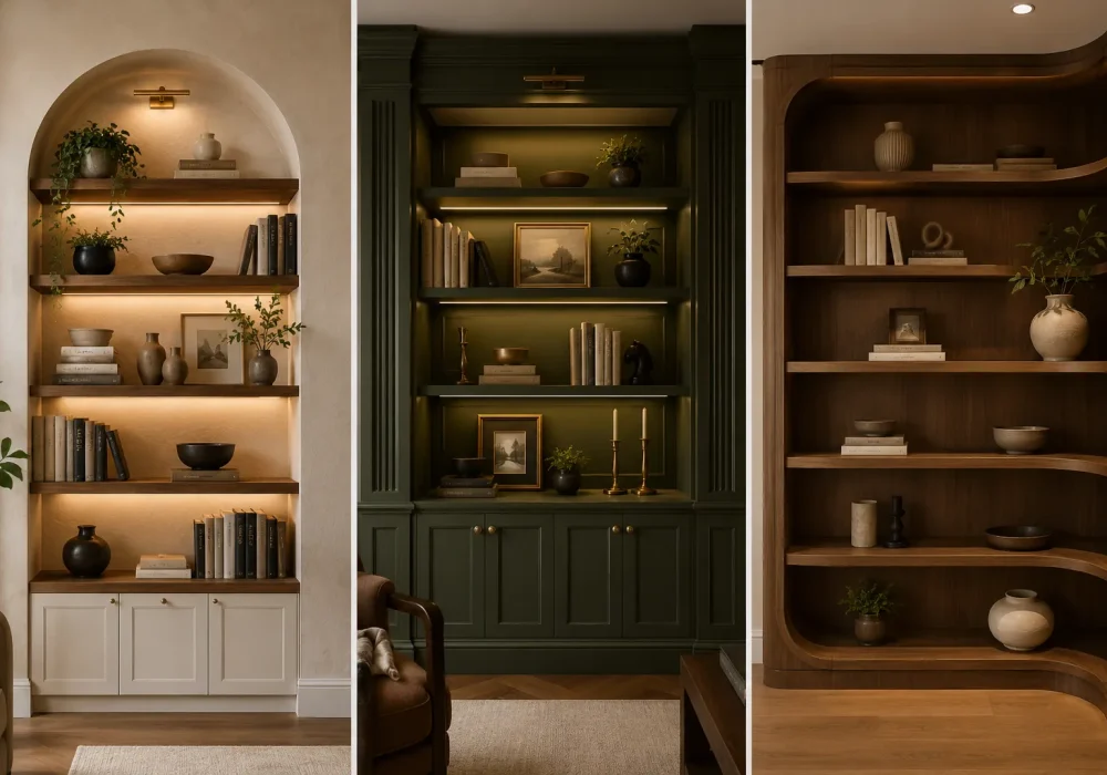 Three panel modern bookshelf ideas collage featuring a warm arched built in bookcase with wood shelves, a dark olive green library wall with integrated lighting, and a curved walnut bookshelf styled with books, ceramic decor, framed art, and greenery.