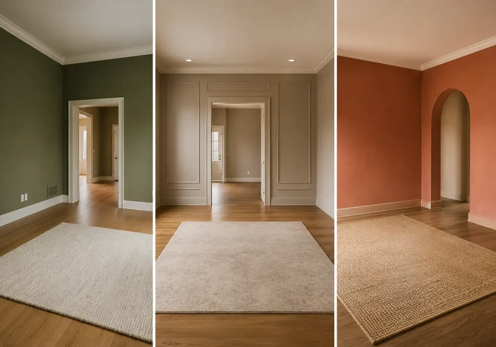 Horizontal three panel featured image showing empty living rooms with trending olive green, warm mushroom beige, and sun washed terracotta wall paint colors, paired with natural wood flooring, neutral area rugs, elegant wall molding, and arched architectural details.