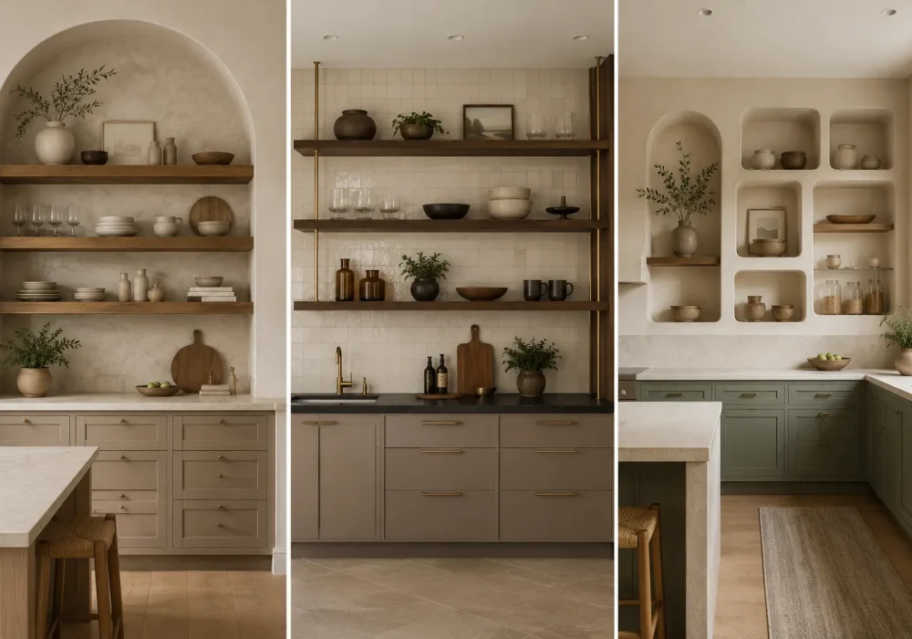 Modern open shelf kitchen ideas featured in a three image collage showing arched wood shelving, ceiling supported dark wood shelves with brass details, and sculptural built in wall niches styled with ceramic pottery, glassware, greenery, cutting boards, neutral cabinetry, sage green cabinets, and warm natural finishes.