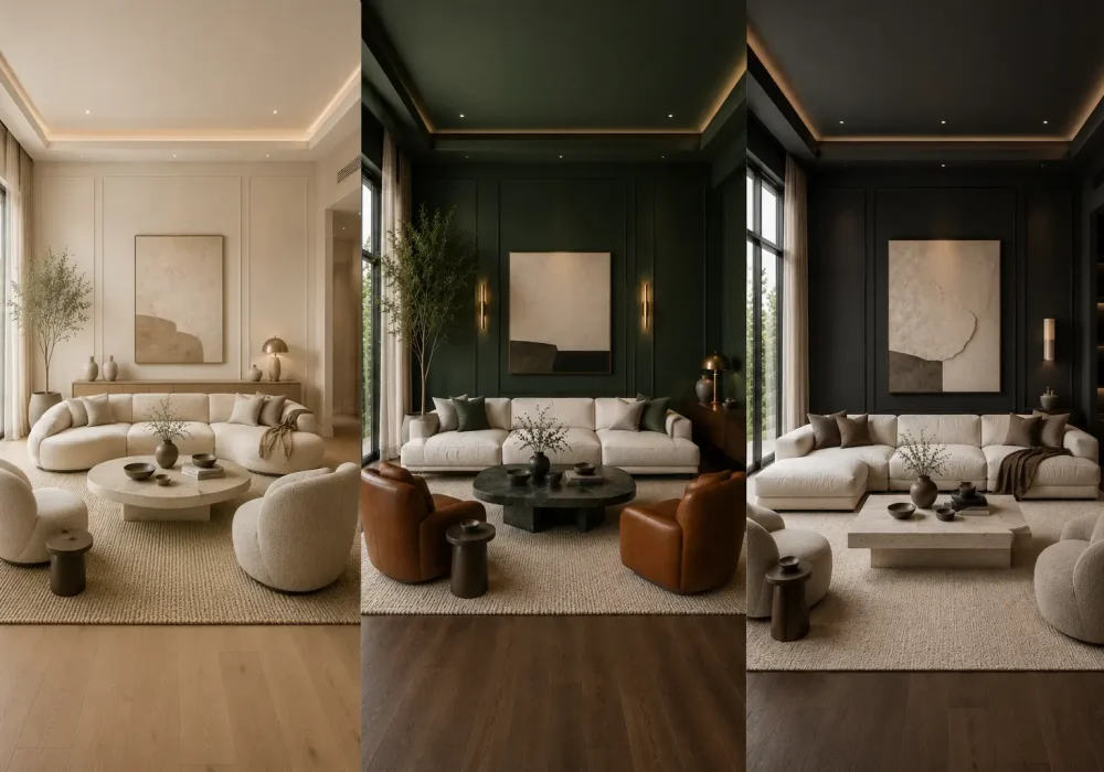 Three panel collage of modern luxury living rooms featuring warm ivory, deep forest green, and soft black living room paint colors, styled with cream sofas, sculptural accent chairs, natural stone coffee tables, textured neutral rugs, warm wood flooring, large windows, and elegant contemporary lighting.