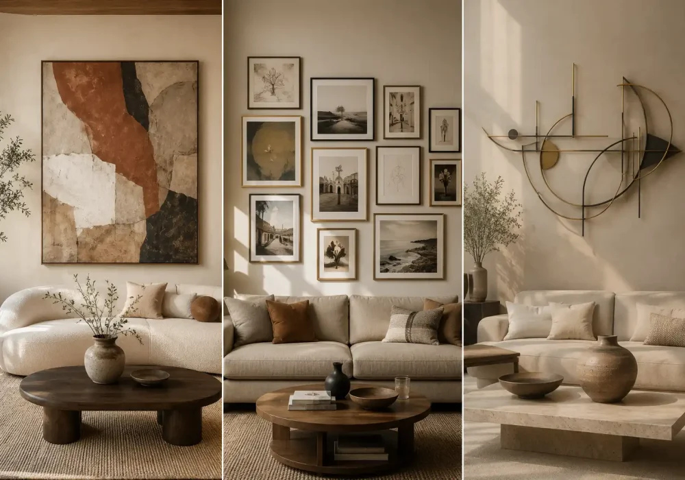 Horizontal featured image showcasing three stylish modern wall decor ideas in warm neutral living rooms, including oversized abstract statement art above a curved cream sofa, a curated gallery wall with framed photography and artistic prints, and a minimalist metal wall sculpture with geometric brass and dark metal details.