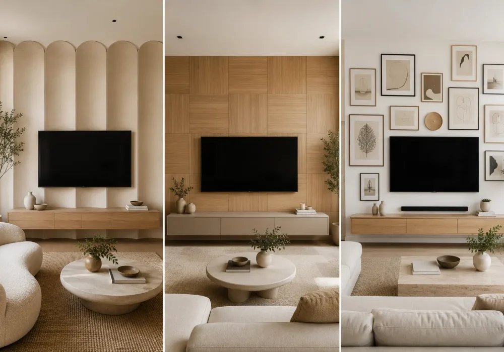 Modern TV wall ideas featured in a three image living room collage with a soft scalloped architectural TV wall, checkerboard wood panel TV wall, and modern gallery wall surrounding mounted televisions, styled with floating wood consoles, curved neutral seating, organic coffee tables, textured rugs, indoor greenery, and warm contemporary decor.
