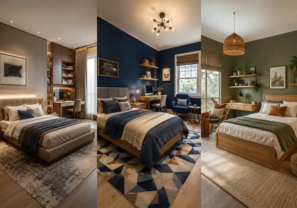 Modern boys’ room decor ideas featuring three stylish bedroom designs with a luxury neutral interior, bold navy blue bedroom, and earthy olive green room, complete with modern beds, layered bedding, study desks, statement rugs, warm wood furniture, smart storage, cozy seating, and contemporary lighting.