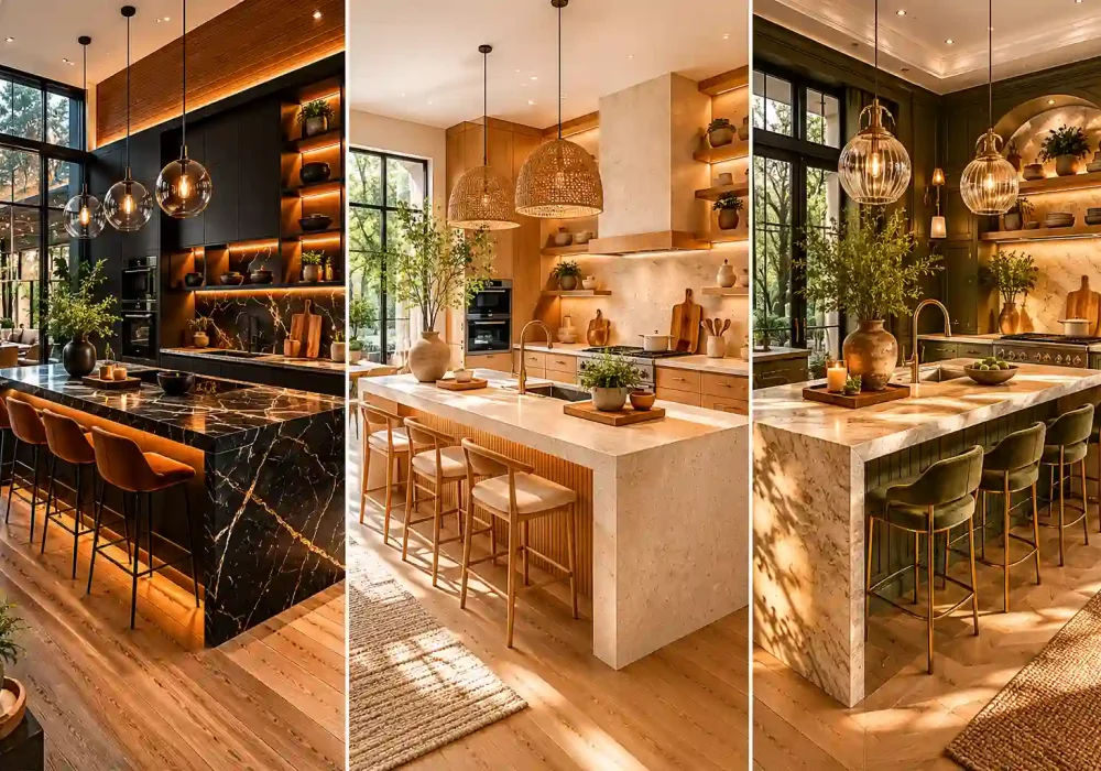 Luxury modern open kitchen designs collage featuring three high-end open concept kitchen designs with waterfall islands, statement pendant lighting, marble countertops, custom cabinetry, warm wood flooring, ambient LED lighting, and elegant contemporary interiors. The image showcases black, natural wood, and dark green kitchen styles arranged in a premium three-panel layout for luxury home design inspiration.
