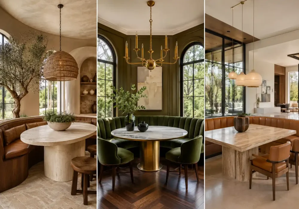 Luxury modern breakfast nook ideas collage featuring three designer dining corners with curved leather banquettes, olive green velvet seating, marble pedestal tables, statement chandeliers, floor-to-ceiling windows, warm walnut finishes, and upscale contemporary home decor. The image showcases organic modern, luxury contemporary, and elegant breakfast nook designs perfect for stylish dining spaces.