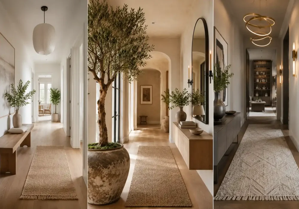 Modern Hallway Ideas collage featuring three designer-inspired hallway interiors with neutral decor, woven runner rugs, oversized mirrors, statement lighting, indoor olive trees, warm beige walls, natural wood accents, and luxury contemporary styling for elegant home entryways.