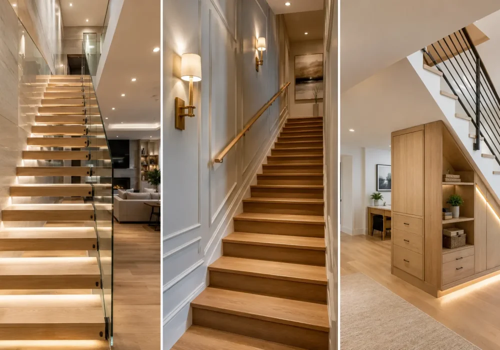 Luxury basement staircase ideas collage featuring modern floating wood stairs with LED lighting, elegant staircase with decorative wall paneling and brass sconces, custom under stair storage cabinets, glass railings, natural oak finishes, and high-end basement renovation inspiration