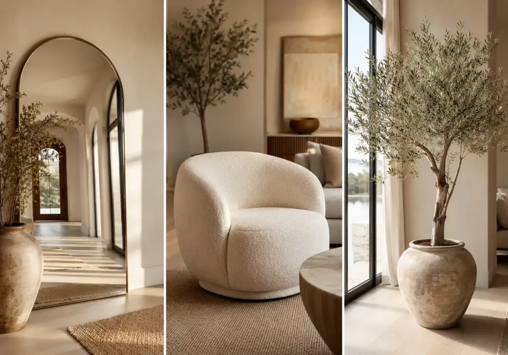 Luxury home decor items featuring three of the most popular 2026 interior design trends including an oversized arched mirror, an ivory boucle curved accent chair, and a large indoor olive tree. Elegant organic modern styling with neutral beige tones, natural textures, warm sunlight, and designer-inspired furnishings creates a sophisticated living space perfect for modern home decorating ideas and luxury interior inspiration.