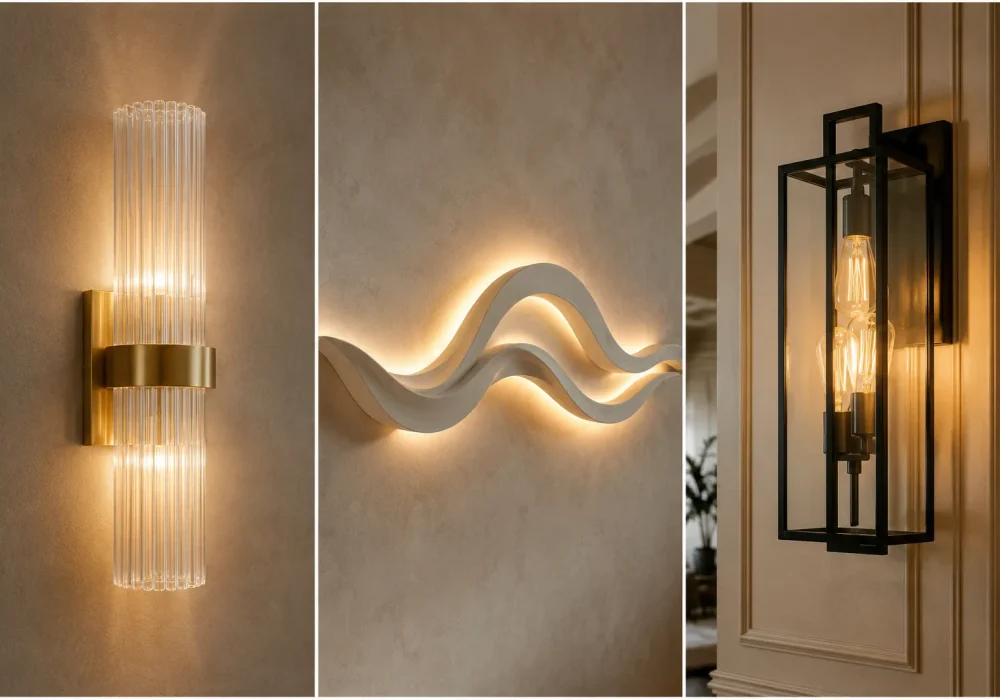 statement wall light fixtures collage featuring a fluted glass brass wall sconce, sculptural wave wall light, and modern black metal lantern sconce mounted on elegant neutral walls, showcasing trending statement lighting ideas for contemporary and luxury home interiors.