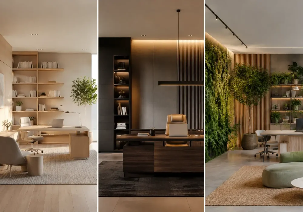 Featured office interior design ideas collage showcasing three modern workspace styles including a bright Scandinavian office, a sophisticated executive office with dark wood finishes, and a biophilic office with a living green wall. The image highlights trending office interior design ideas, modern workspace inspiration, professional office décor, and contemporary office layouts for stylish and productive work environments.