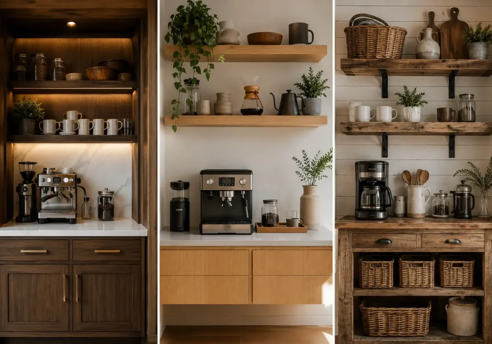 Collage of three small space coffee station ideas featuring a luxury built in coffee bar with custom cabinetry and ambient lighting, a modern floating shelf coffee station with minimalist wood shelving and espresso machine, and a rustic farmhouse coffee station with reclaimed wood shelves, woven baskets, and organized coffee storage designed for stylish and functional homes.