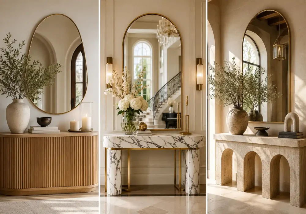 Luxury entryway console table ideas featuring a curved fluted wood console, elegant marble and gold console table, and travertine arch console styled with oversized mirrors, designer decor, fresh greenery, candles, luxury accessories, and warm natural sunlight in high end modern homes.