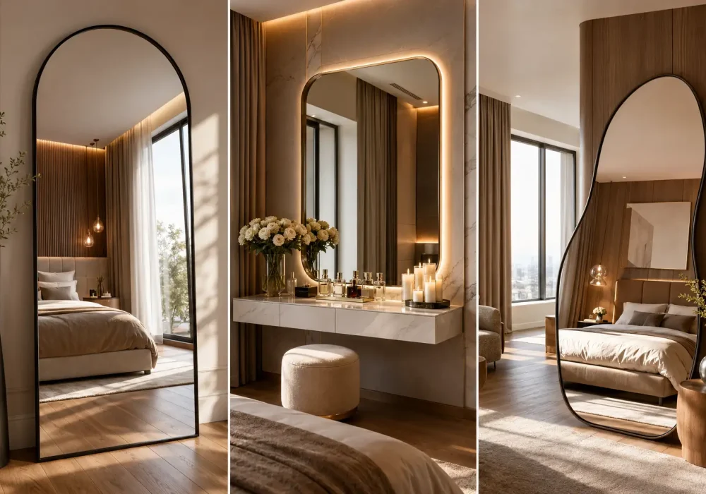 Luxury bedroom mirror ideas collage featuring a full length arched floor mirror, illuminated vanity mirror, and organic shaped statement mirror in modern bedrooms with neutral decor, warm wood accents, natural sunlight, elegant furnishings, cozy textures, and sophisticated contemporary interior design