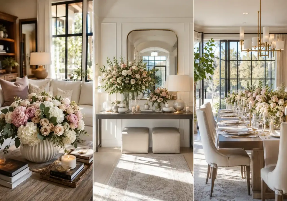 Luxury flower home decor ideas collage featuring a fresh flower coffee table centerpiece, elegant flower filled entryway console table, and sophisticated floral dining table tablescape styled with white hydrangeas, blush roses, peonies, candles, designer decor accessories, and bright natural sunlight inside a modern luxury home.