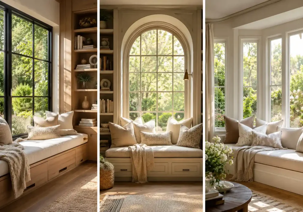 Luxury window seat ideas collage featuring three beautiful built in window benches with hidden storage, arched windows, custom shelving, layered neutral pillows, cozy throw blankets, and warm natural sunlight. Elegant organic modern home decor showcasing cozy reading nooks, bay window seating, and stylish window bench inspiration for creating a comfortable and inviting home retreat.