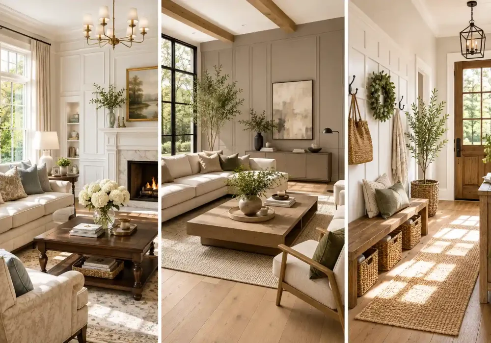 Featured collage showcasing three popular wainscoting ideas styles for classic and modern homes, including raised panel wainscoting in a luxury living room, modern flat panel wall molding in a contemporary space, and board and batten wainscoting in a bright farmhouse entryway. Elegant neutral color palette, natural wood accents, large windows, architectural wall paneling, and high-end interior design inspiration.
