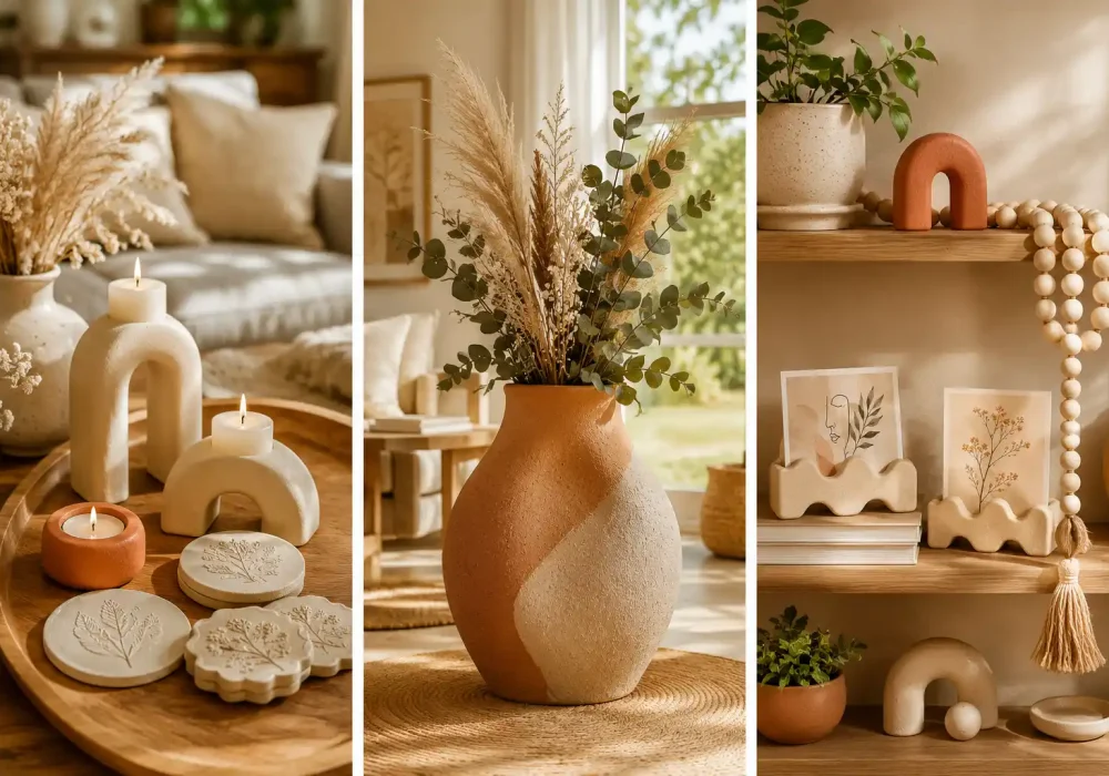 Collage of DIY clay home decor ideas featuring handmade clay candle holders, decorative clay coasters, sculptural clay vase with dried flowers, clay photo holders, clay bead garland, and modern shelf styling in a warm neutral farmhouse-inspired living room with natural sunlight.