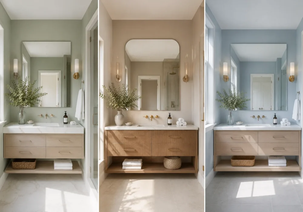 Featured image showcasing three popular bathroom paint colors including soft sage green, warm greige, and misty blue bathrooms with light wood vanities, white countertops, brass fixtures, large mirrors, and modern small bathroom makeover inspiration