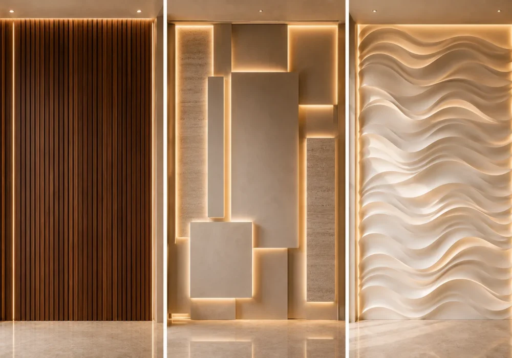 Collage featuring three modern accent wall designs including vertical walnut wood slat panels with LED lighting, layered floating geometric wall panels with warm backlighting, and sculptural wave accent wall design. Luxury contemporary feature walls showcasing architectural wall treatments, designer interior trends, modern home decor inspiration, and upscale accent wall ideas for living rooms, entryways, and luxury homes.