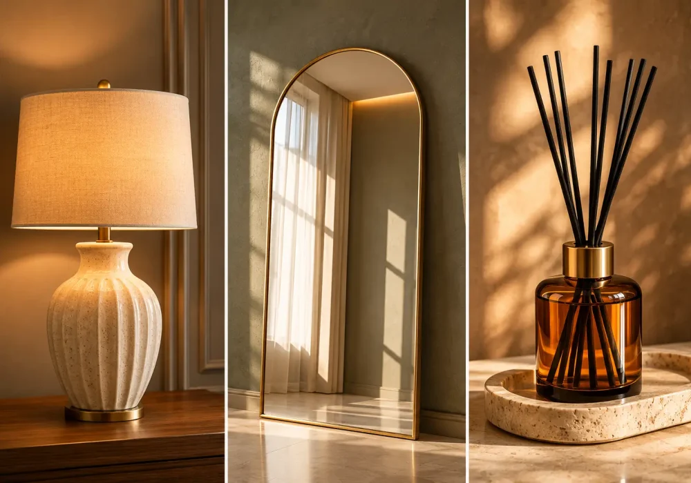 Luxury home decor collage featuring a modern ceramic table lamp, arched gold floor mirror, and amber glass reed diffuser arranged in a premium three panel layout with warm neutral tones and Trendy Home Decor Items