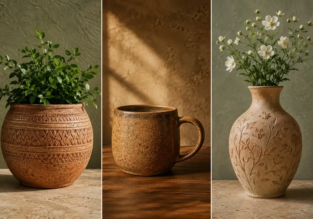 Featured image showcasing three handcrafted clay pottery pieces including a textured terracotta planter with lush greenery, a rustic artisan coffee mug, and an elegant floral carved clay vase. Beautiful pottery decor inspiration for modern home interiors, rustic styling, boho decor, handmade ceramics, and earthy clay pottery ideas.