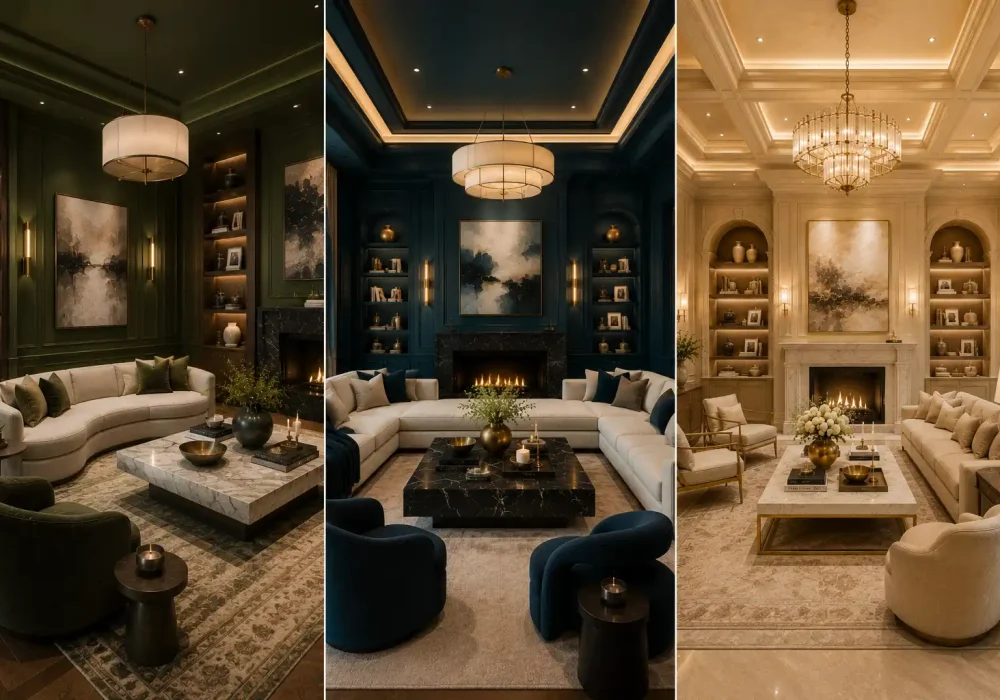 luxury paint color ideas inspiration featuring three elegant designer interiors with statement chandeliers, built in shelving, fireplace focal walls, custom wall paneling, premium furniture, warm ambient lighting, sophisticated decor styling, modern luxury home design, upscale living room ideas, and high end interior design inspiration for beautiful homes.
