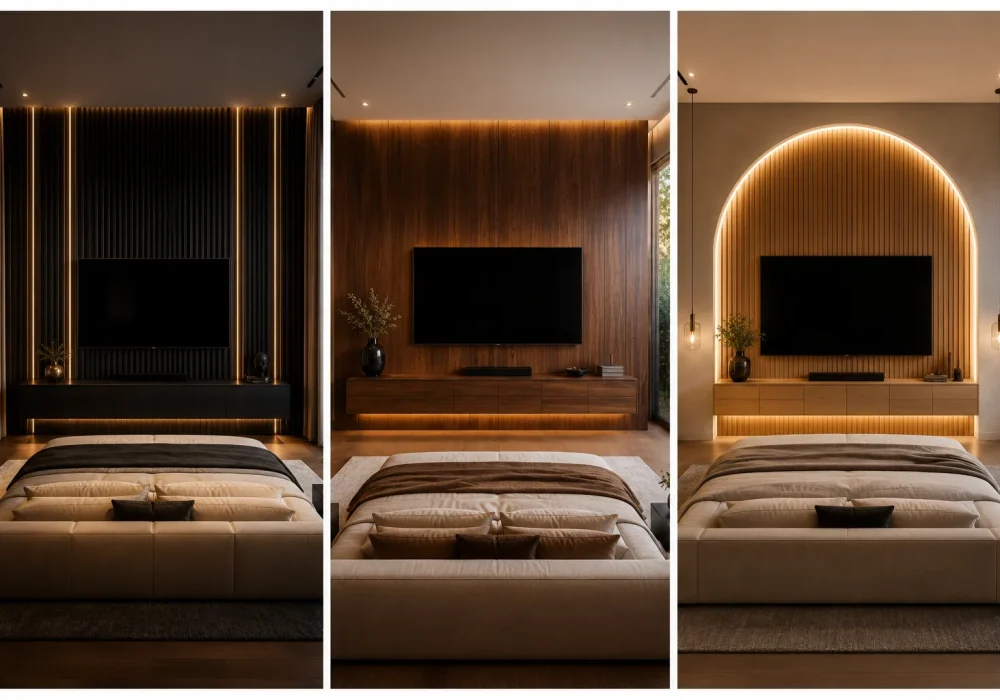 Luxury Bedroom TV Wall Design Ideas collage featuring three modern wooden TV feature walls with integrated LED lighting, fluted wall panels, floating media consoles, arched TV wall design, warm ambient lighting, contemporary bedroom decor, and high end master bedroom interior inspiration.
