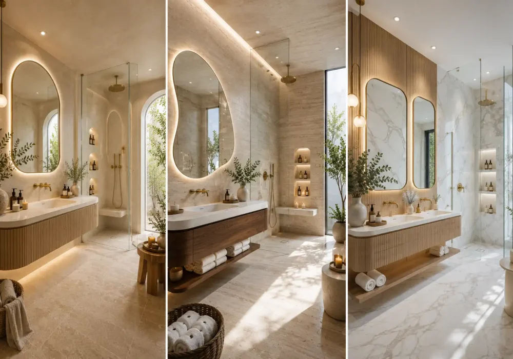Premium featured image showcasing a three panel grid of luxury small bathroom design ideas with bright marble interiors, floating wood vanities, oversized backlit mirrors, frameless glass walk in showers, brushed brass fixtures, warm LED lighting, elegant spa inspired décor, natural greenery, and modern luxury bathroom remodeling ideas for contemporary homes.
