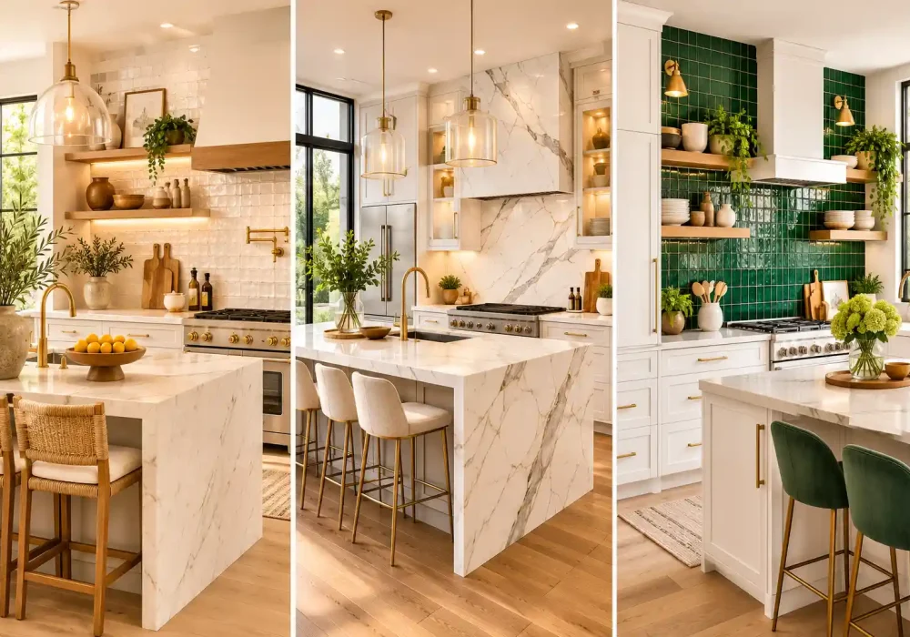Luxury kitchen backsplash ideas featuring a premium three panel collage with handcrafted white Zellige tiles, elegant full slab marble backsplash, and glossy emerald green tile backsplash. The modern kitchens include white shaker cabinets, waterfall marble islands, brushed brass hardware, floating wooden shelves, designer pendant lights, oversized windows, and bright natural lighting, showcasing timeless kitchen backsplash ideas for a stylish luxury home renovation.