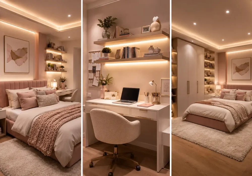 Featured collage of three blush pink dorm room ideas showcasing a cozy minimalist bedroom, modern white study desk with floating shelves, warm LED lighting, plush area rugs, built in wardrobe, soft pink upholstered bed, neutral décor, aesthetic college room setup, and stylish pink dorm room inspiration for small spaces.