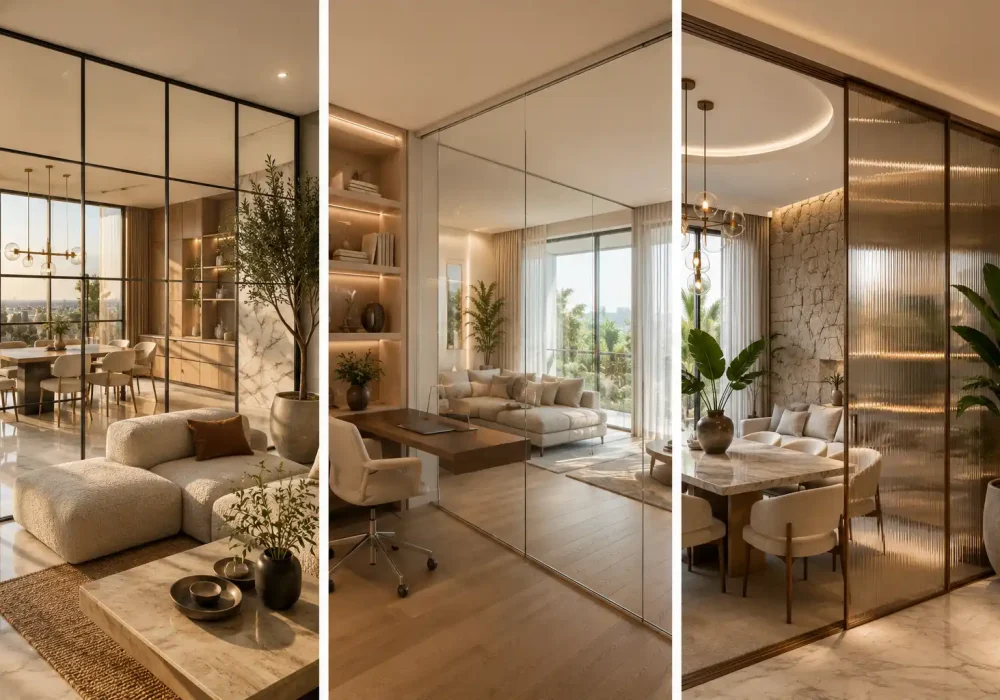 Luxury glass partition ideas collage featuring a black metal frame glass partition, frameless floor to ceiling glass partition, and fluted reeded glass partition in modern open concept interiors with marble flooring, neutral furniture, designer lighting, large windows, natural sunlight, and contemporary luxury home décor inspiration.