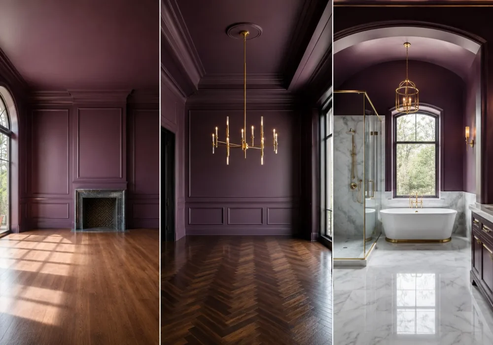 Luxury collage featuring three elegant plum and purple paint ideas, including a sophisticated living room with decorative wall molding, a dramatic dining room with gold chandelier and rich plum walls, and a luxury marble bathroom with gold fixtures. Showcasing bold purple paint colors, high-end interior design, modern luxury décor, natural lighting, and timeless architectural details.