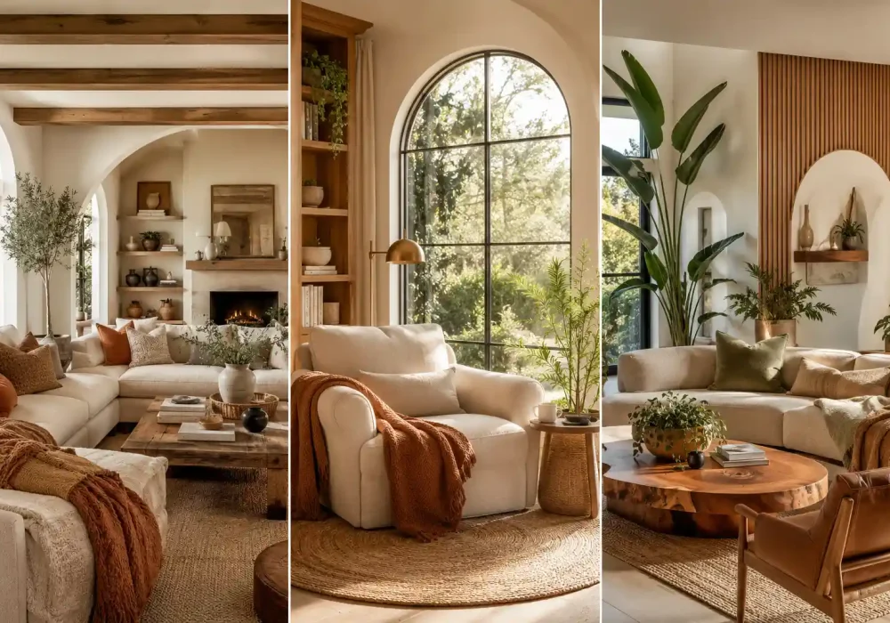 Collage of three cozy home decor tips interiors featuring cream sectional sofas, warm neutral decor, natural wood accents, oversized arched windows, indoor plants, textured rugs, layered throw blankets, and modern organic home design ideas that create a warm and inviting atmosphere.