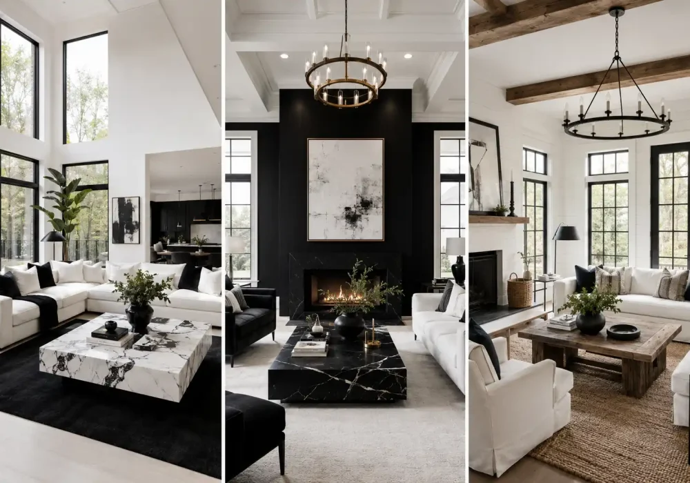 black and white living room ideas collage featuring modern minimalist, black accent wall, and modern farmhouse living room designs with luxury monochrome decor and designer furnishings.