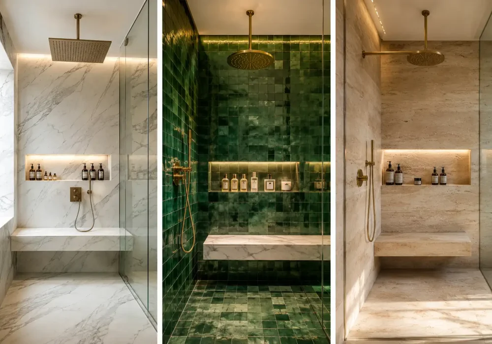 Luxury walk-in shower ideas collage featuring white marble, emerald green zellige tile, and travertine stone shower designs with gold rainfall showerheads, floating benches, illuminated niches, and frameless glass enclosures.