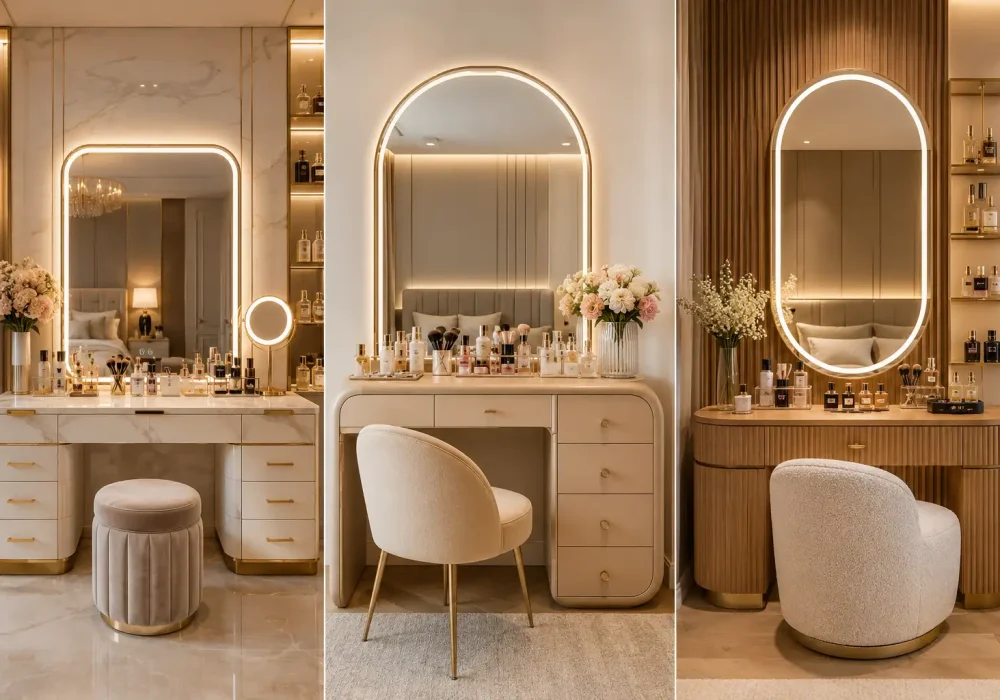 Luxury dressing table ideas collage featuring three modern bedroom vanity designs with LED mirrors, marble finishes, fluted wood details, gold accents, makeup organization, designer perfumes, upholstered chairs, and elegant neutral bedroom decor in a high-end luxury interior setting