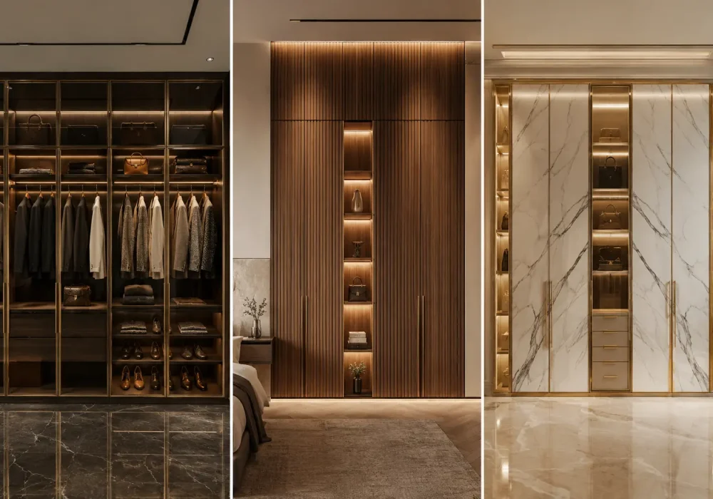 Featured image showcasing three luxury modern wardrobe design ideas in a vertical grid layout, including a black glass wardrobe with illuminated display storage, a fluted walnut wood wardrobe with integrated LED shelving, and a marble-effect wardrobe with gold accents, premium cabinetry, and high-end bedroom storage inspiration.