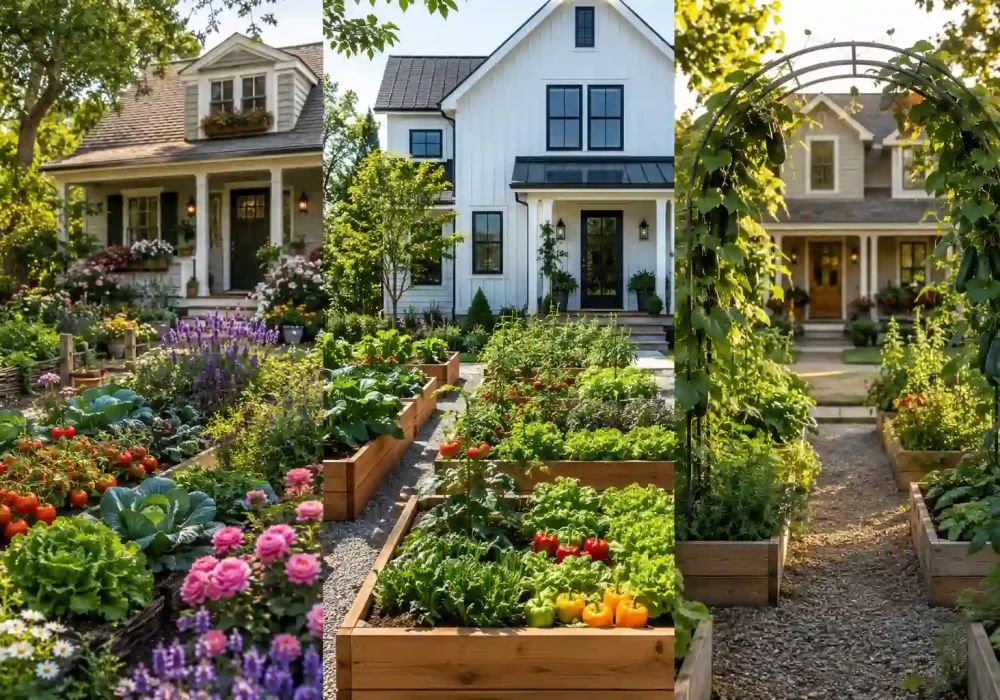 Three-panel front yard vegetable garden ideas collage showcasing a cottage-style edible garden with flowers, a modern farmhouse garden with raised cedar beds growing tomatoes, lettuce, herbs, and peppers, and a decorative garden arch covered in climbing vegetables, all designed to enhance curb appeal and provide beautiful edible landscaping inspiration.