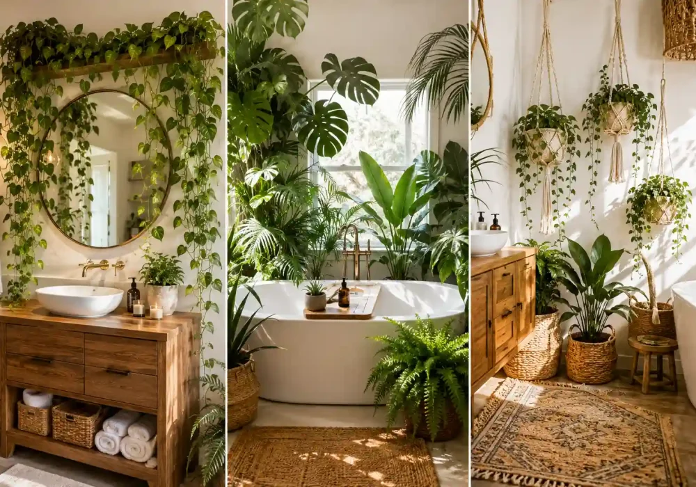 Collage of three spa-inspired bathroom plant decor ideas featuring cascading pothos vines around a round mirror, a tropical bathtub surrounded by monstera and palm plants, and a boho bathroom with macramé hanging planters, woven baskets, natural wood furniture, and lush indoor greenery