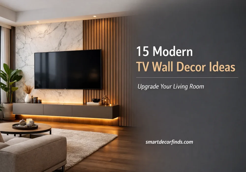 Modern TV wall decor ideas blog featured image showing marble and wood slat LED media wall with floating console in a stylish living room