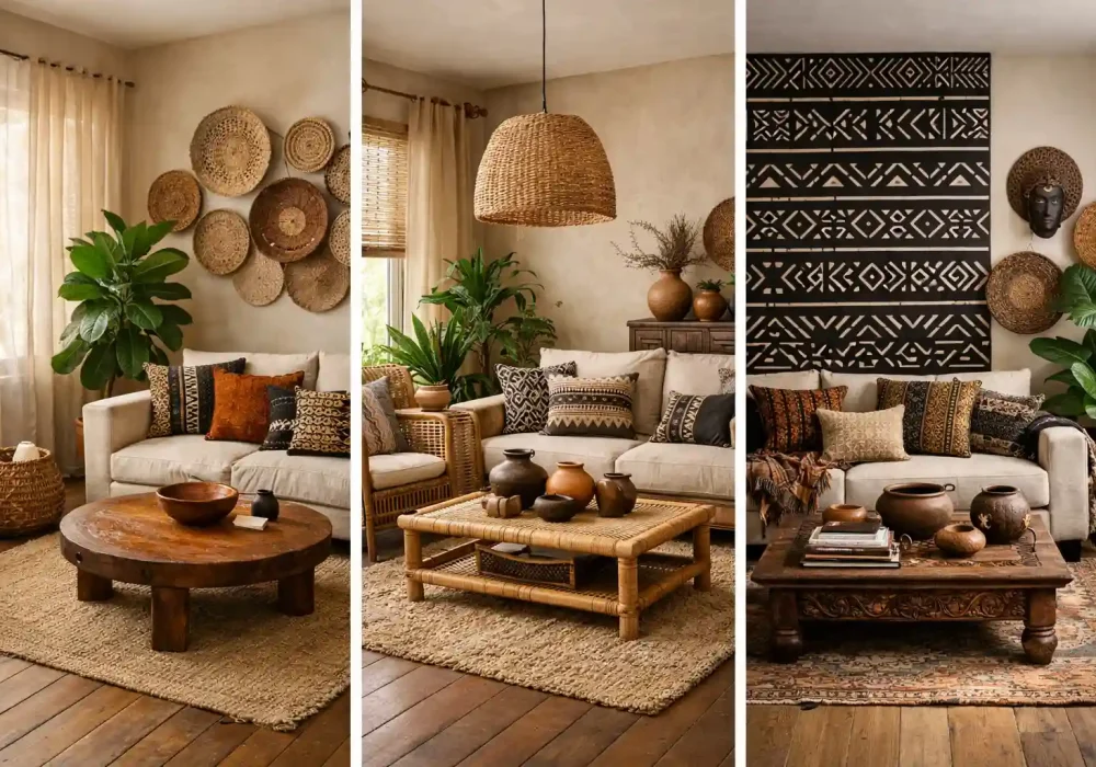 Afrohemian living room ideas collage with woven basket wall decor, rattan lighting, tribal accent wall and earthy boho furniture