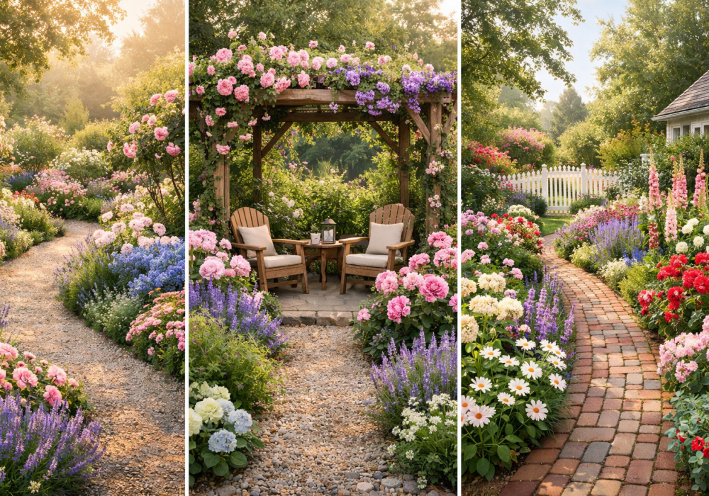 horizontal collage of three cottage garden ideas backyard designs with gravel path pergola seating and white picket fence flowers