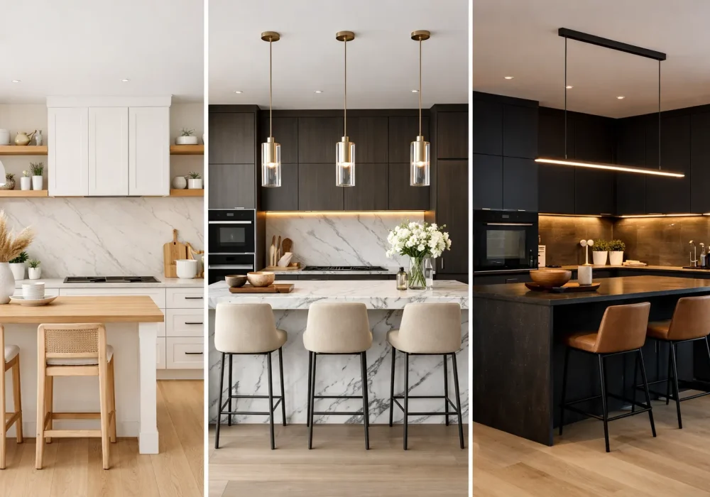 Modern kitchen design ideas collage featuring three luxury kitchens with marble island, white wood cabinets, and dark contemporary cabinetry in a horizontal grid layout