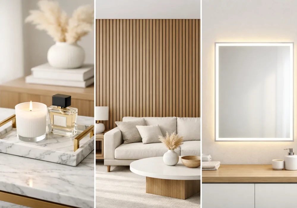 DIY home decor collage featuring marble tray wood slat wall and LED mirror