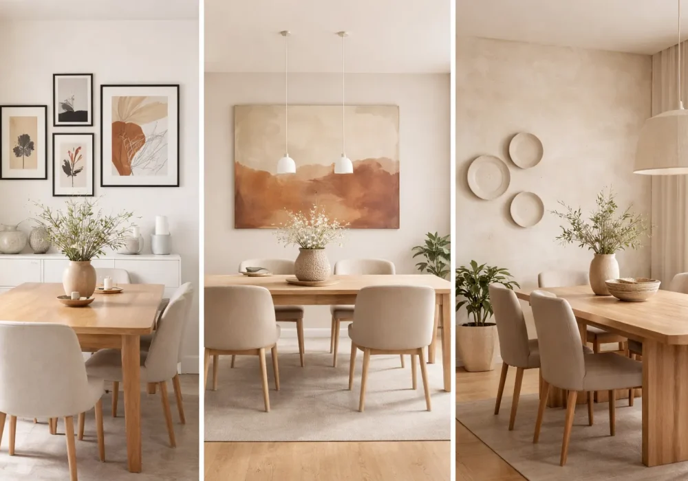 dining room wall decor ideas modern neutral dining space gallery wall abstract art ceramic plates minimalist interior