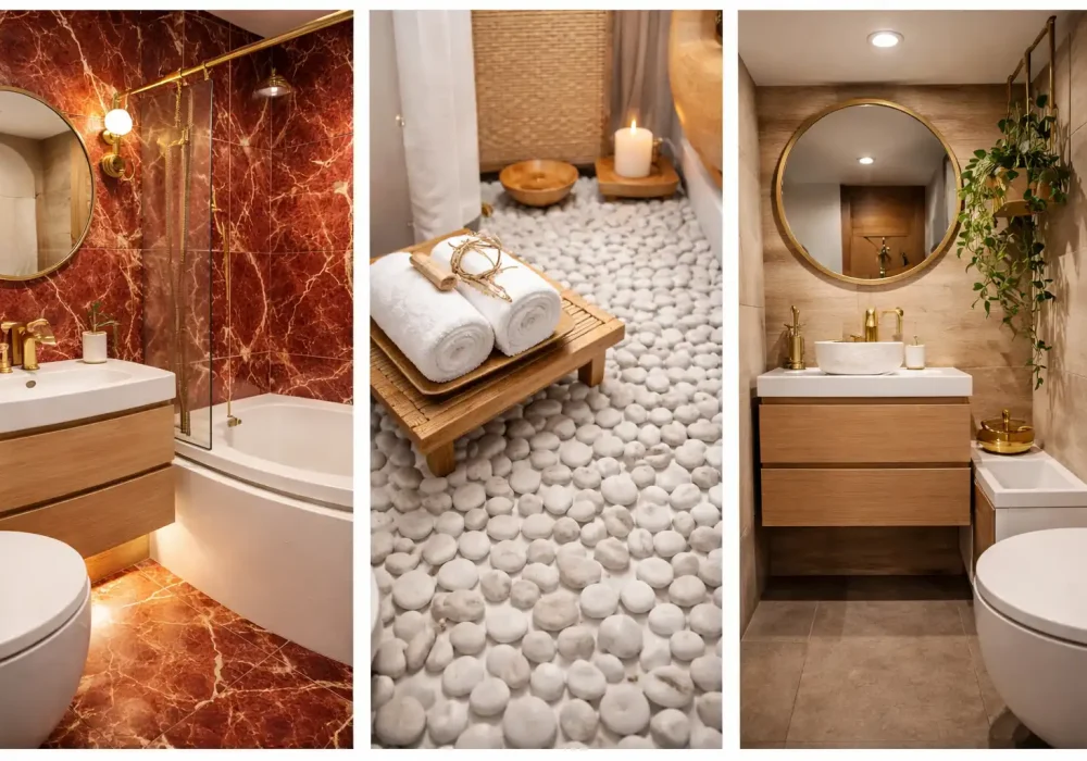 small bathroom ideas collage marble luxury pebble floor wood vanity modern design
