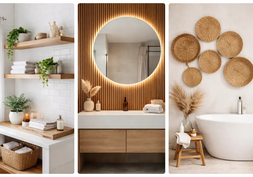 bathroom wall decor ideas collage with floating shelves round mirror wood slat wall and woven basket wall art modern spa style bathroom design ideas