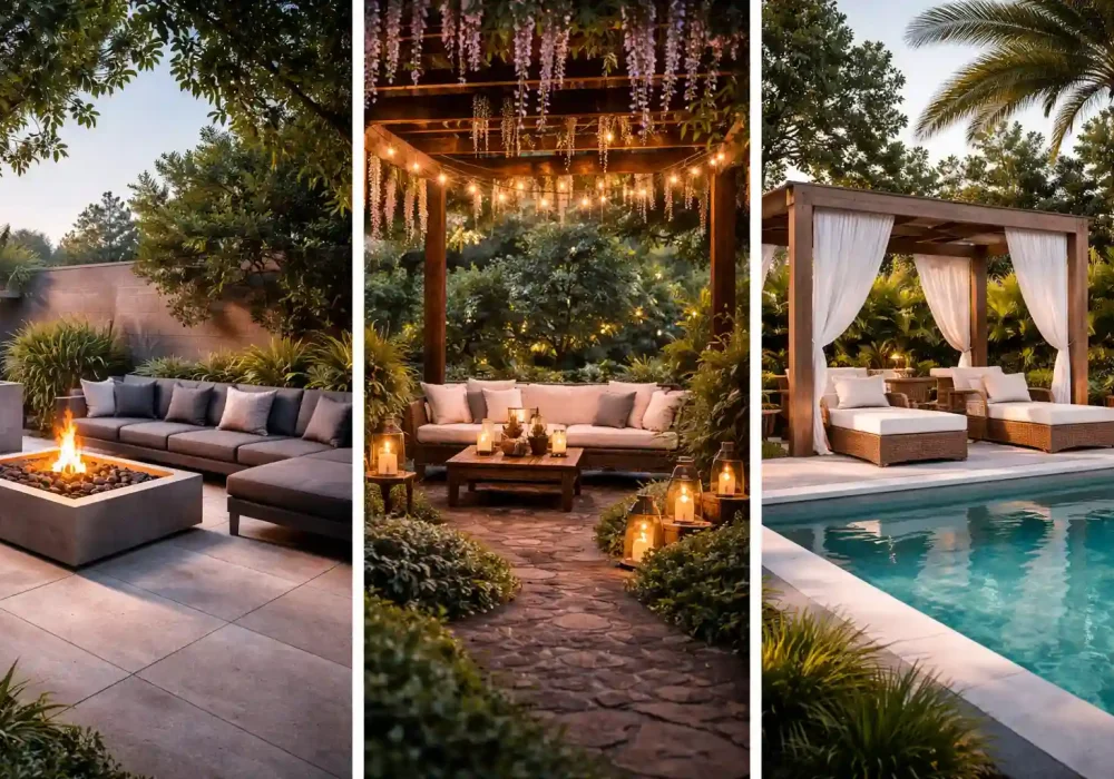 outdoor living space ideas collage featuring modern fire pit lounge, pergola garden seating area and luxury poolside backyard patio design